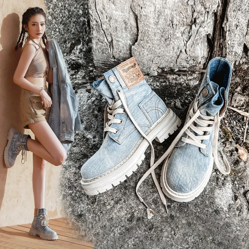 New Thick-soled Short Martin Boots Women's Retro Denim Lace-up - Blue
