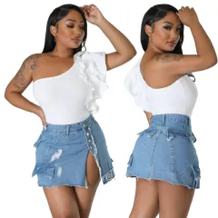 Ripped Pocket Denim Skirt Hip Skirt - Denim Blue - View 1