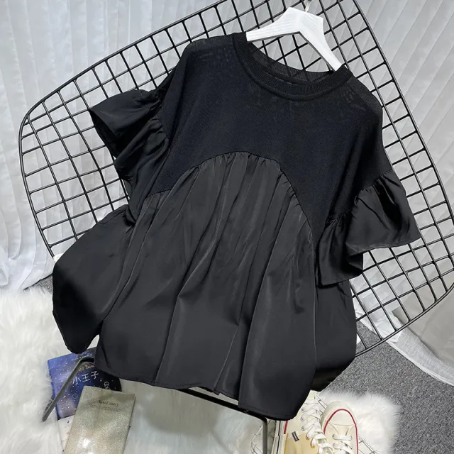Extra Large Bell Sleeve Chiffon Stitching Ice Silk Knitted Top Black - Shop at LoveMi