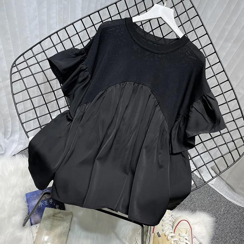 Extra Large Bell Sleeve Chiffon Stitching Ice Silk Knitted Top - Black