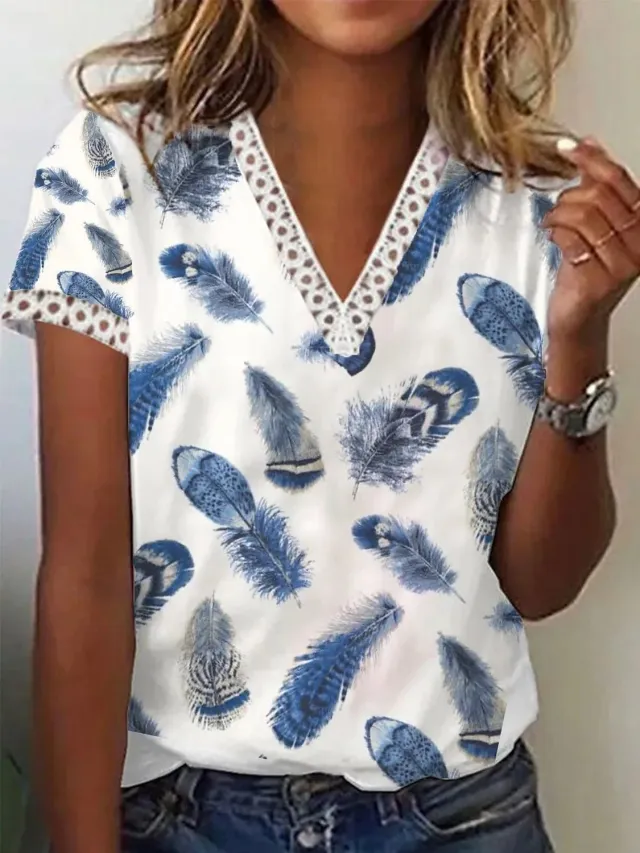 Women's V neck Lace Casual Top Short Sleeve Printed Stitching T shirt 12 Style L - Shop at LoveMi