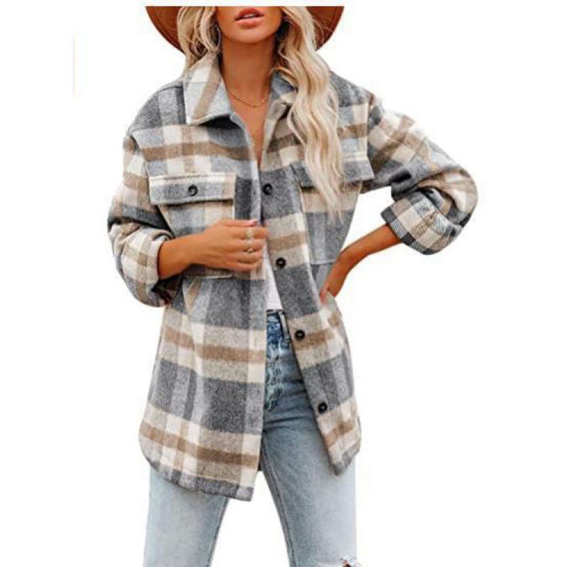New Women's Woolen Plaid Shirt Flannel Loose Shirt Coat