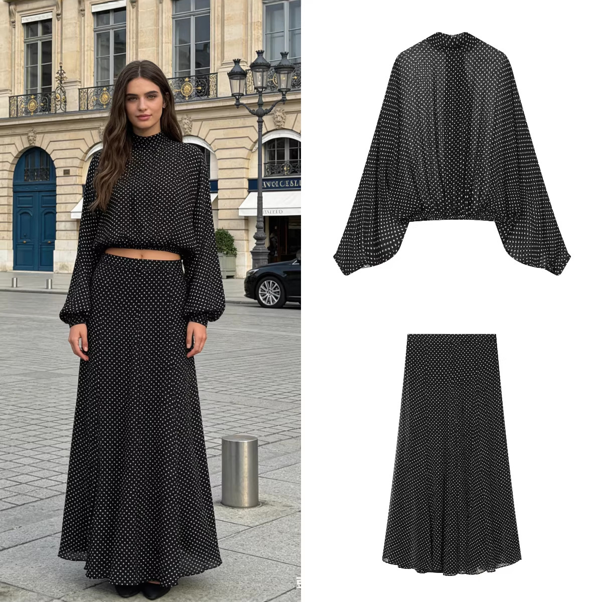 Casual Polka-Dot Bow-Tie Shirt And Polka-Dot Skirt Set