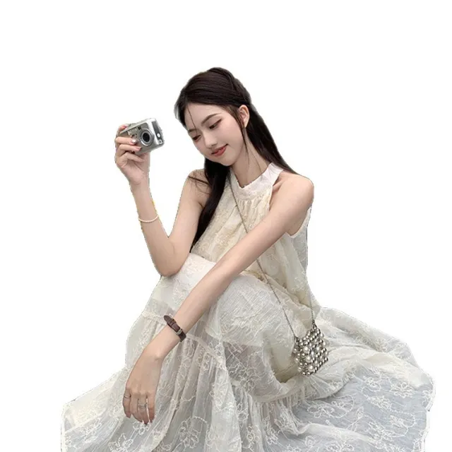 New Sleeveless Elegant Seaside Holiday Long Dress Apricot - Shop at LoveMi