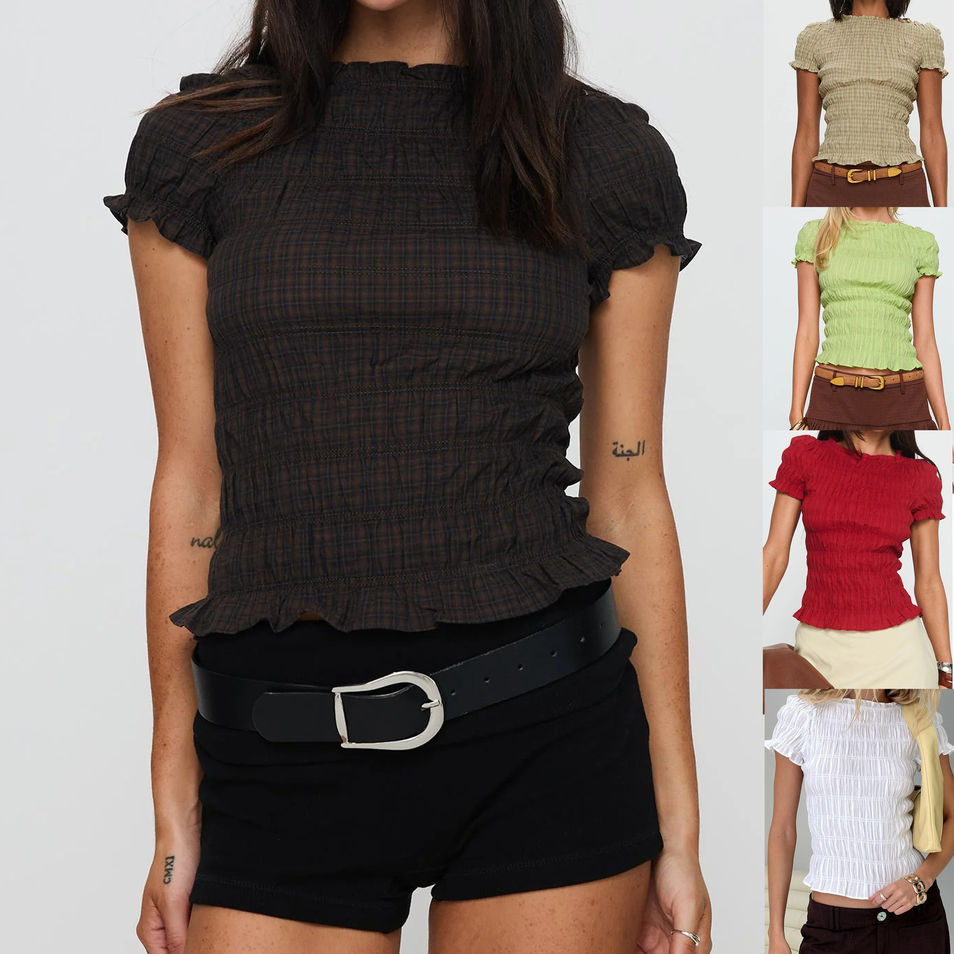 Solid-color Mesh Casual All-match Slim-fit Waist-cinching Pleated Short-sleeve Top