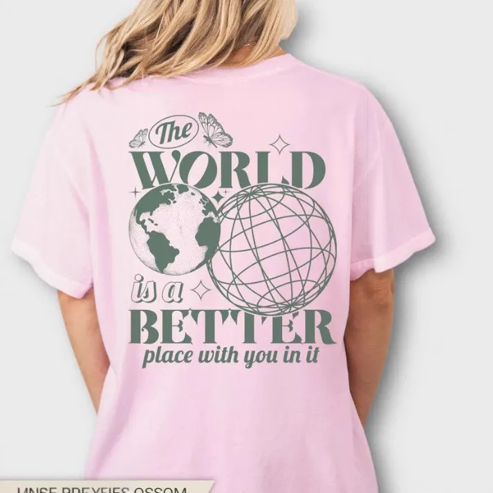 Letter 2D Printed Starry Sky Earth Cotton T-shirt Loose Short Sleeve Top - Pink