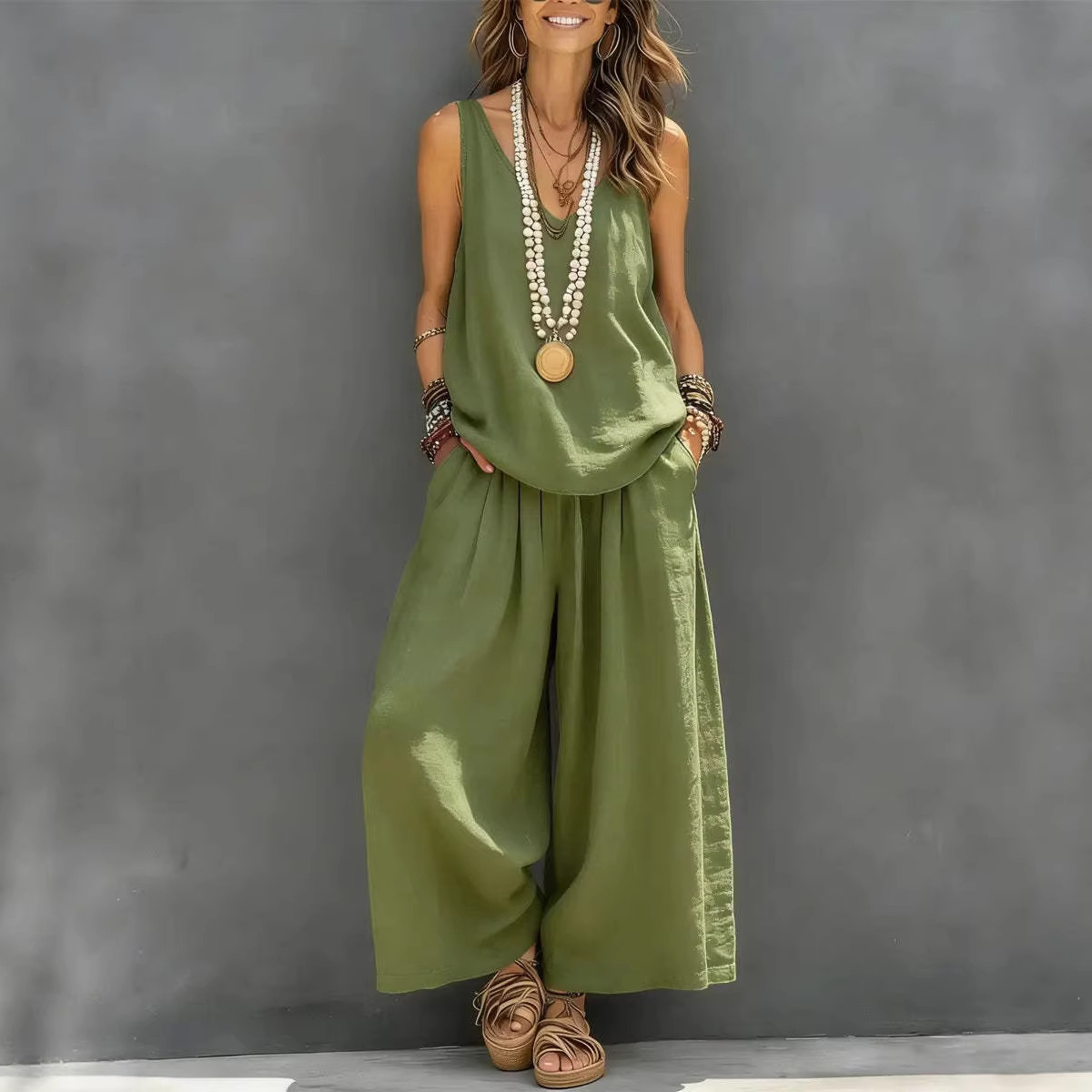 Womens Solid-Colored Casual Sleeveless Tank Top And Wide-Leg Pants Cotton-Linen Set