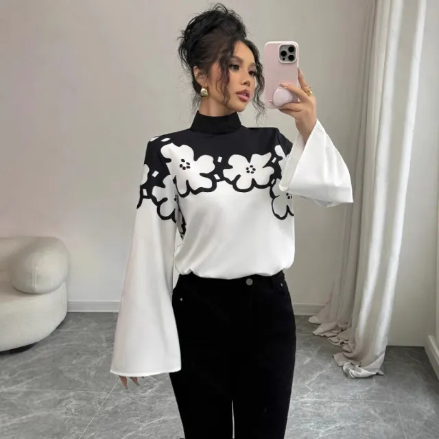 Women's Elegant Commuter Loose Floral Print Long Sleeve Stand Collar Shirt Black - Shop at LoveMi