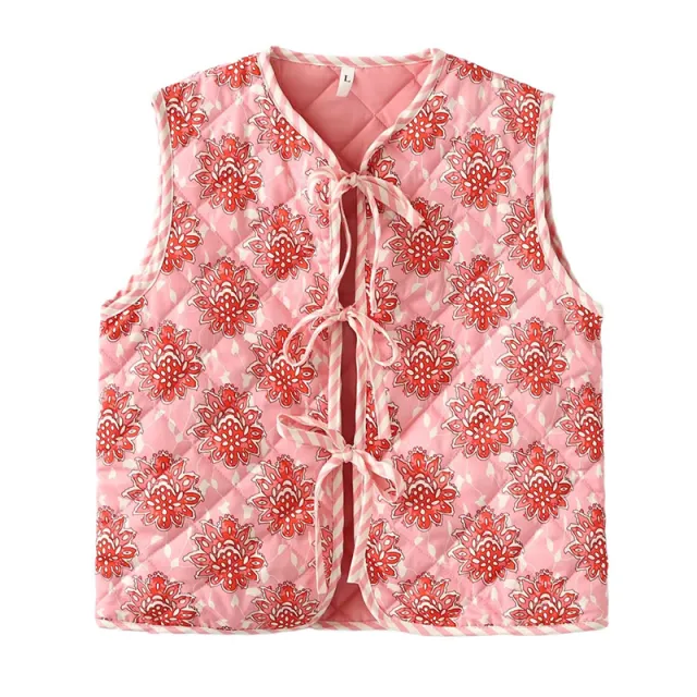 Simple Flower Print Chest Lace up Short Silk Line Cotton Vest Color L - Shop at LoveMi