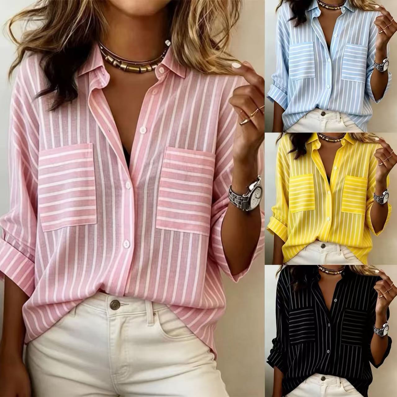 Womens Striped Single-breasted Long-sleeve Shirt