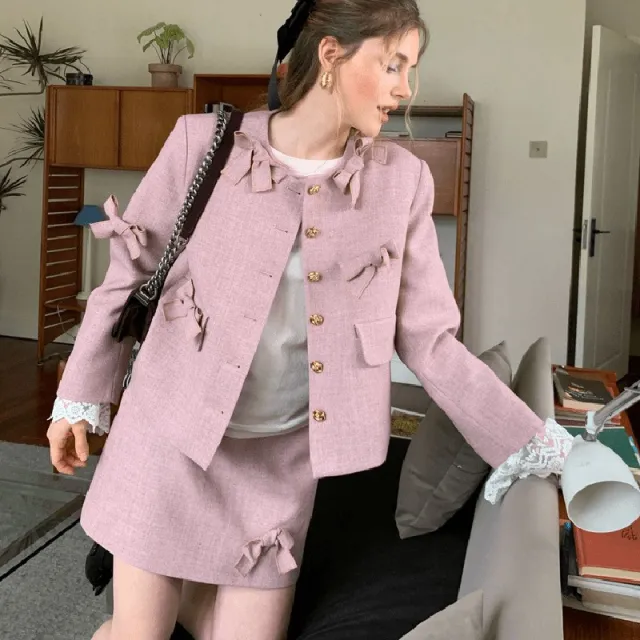 Bow Coat A Line Short Skirt Two piece Set Design Sense Color - Shop at LoveMi