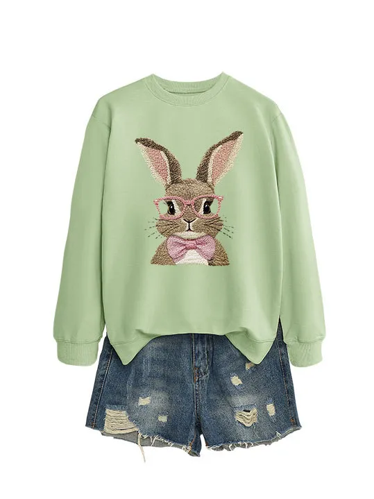 Brown Rabbit Bow Round Neck Sports Sweater Olive Green Sweater Color Map - Shop at LoveMi