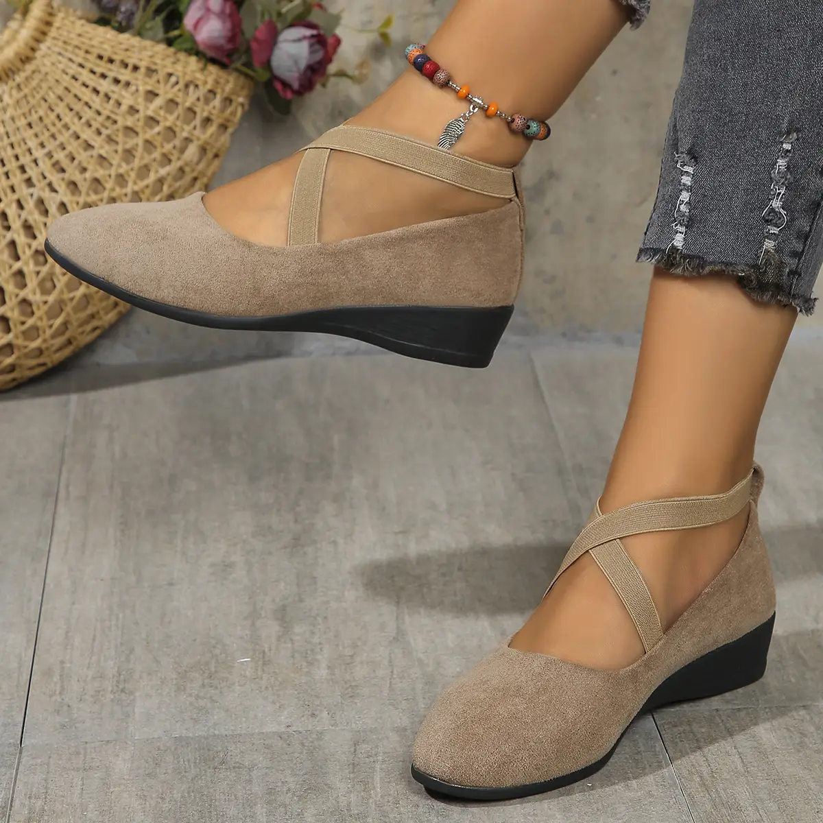 Women's Pointed Toe Wedges Shoes Fashion Cross-straped Flats Casual Pumps