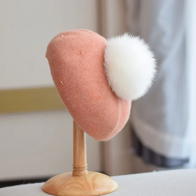Women's Autumn And Winter Fox Fur Ball Vintage Wool Hat Orange - Shop at LoveMi