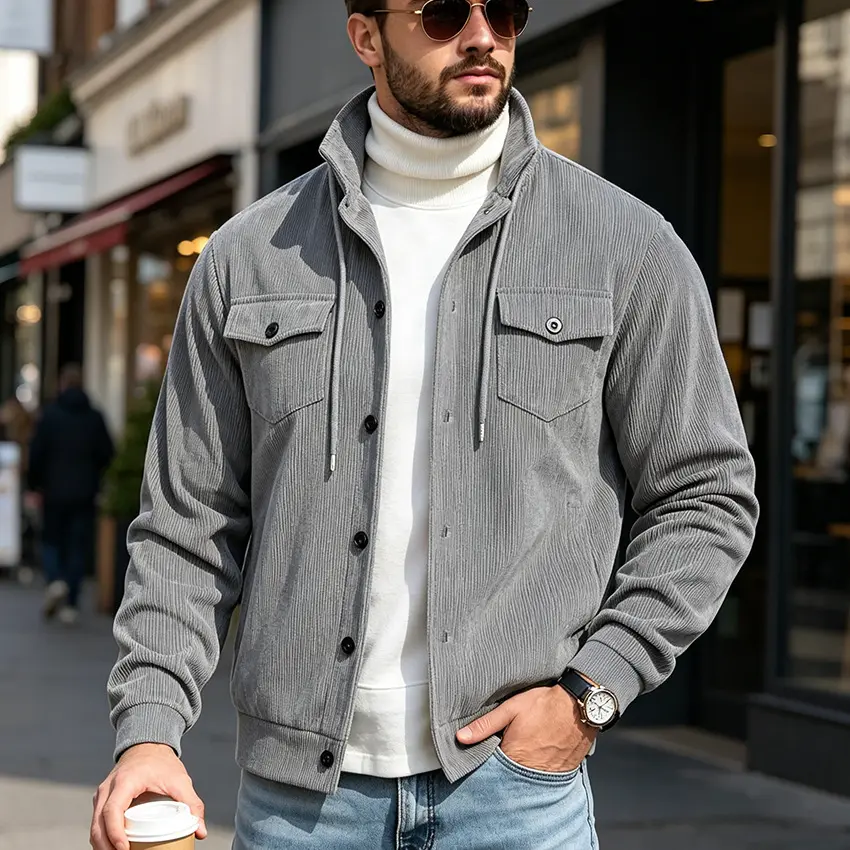 Mens Corduroy Jacket Outerwear Long-sleeve Top Coat
