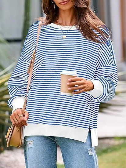 Waffle Knitted Long Sleeve Crew Neck Split Pullover Sweater Light Blue - Shop at LoveMi