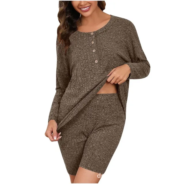 Women's Chic Rib Knitted Long sleeved Top Shorts Brown - Shop at LoveMi