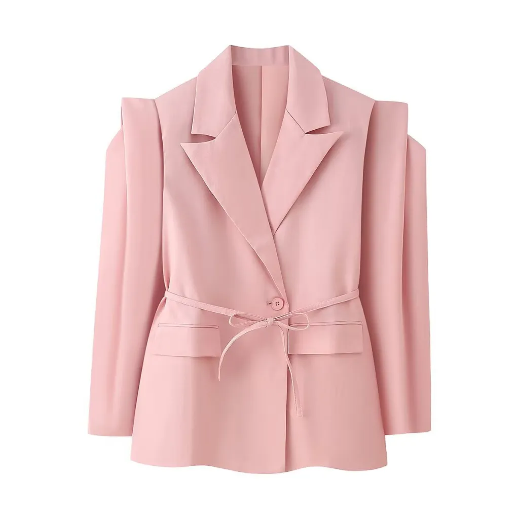 Women's Waist-controlled Lace-up Padded Shoulder Blazer - Pink