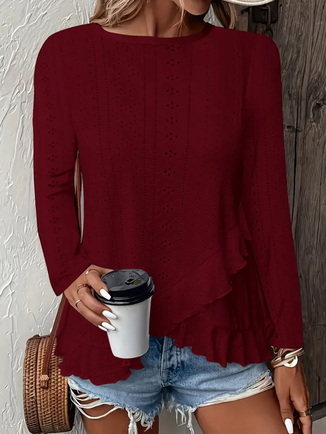 Casual Solid Color Long Sleeve Round Neck Red - Shop at LoveMi