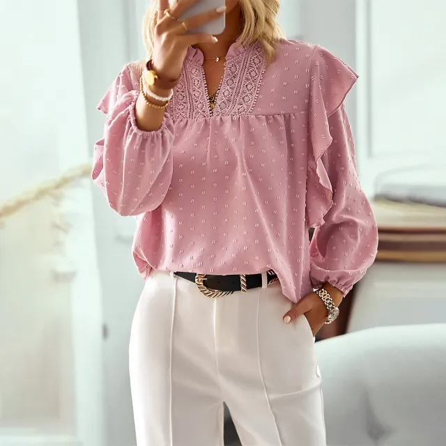 Spring And Summer Ruffled Lantern Sleeves Lace Stitching Coat Pink - Shop at LoveMi