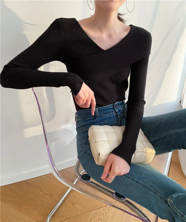 Crossbody Off the shoulder V neck Cross wire Knitted Sweater Black - Shop at LoveMi