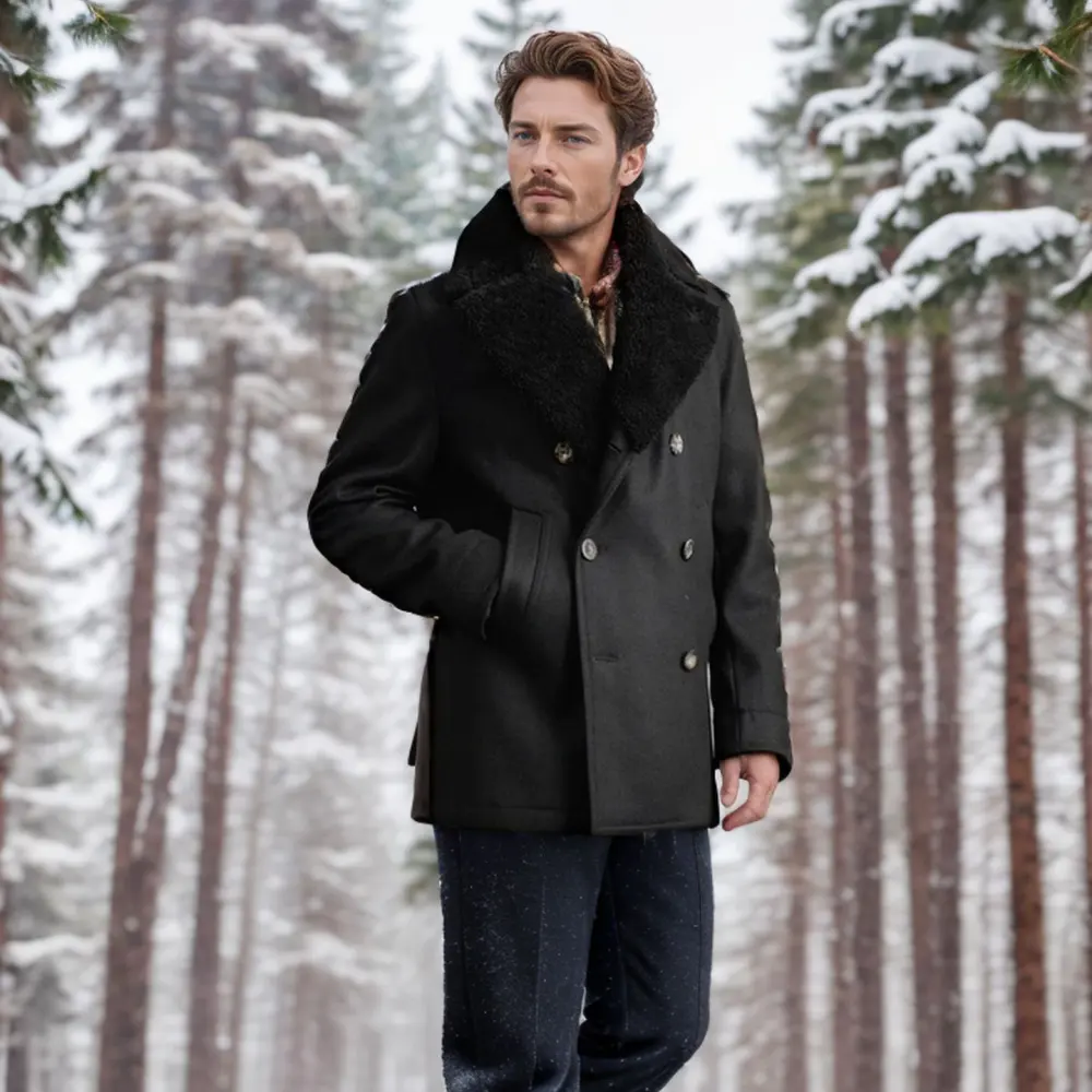 Men's Woolen Coat with Double Breasted Cotton Cashmere Jacket
