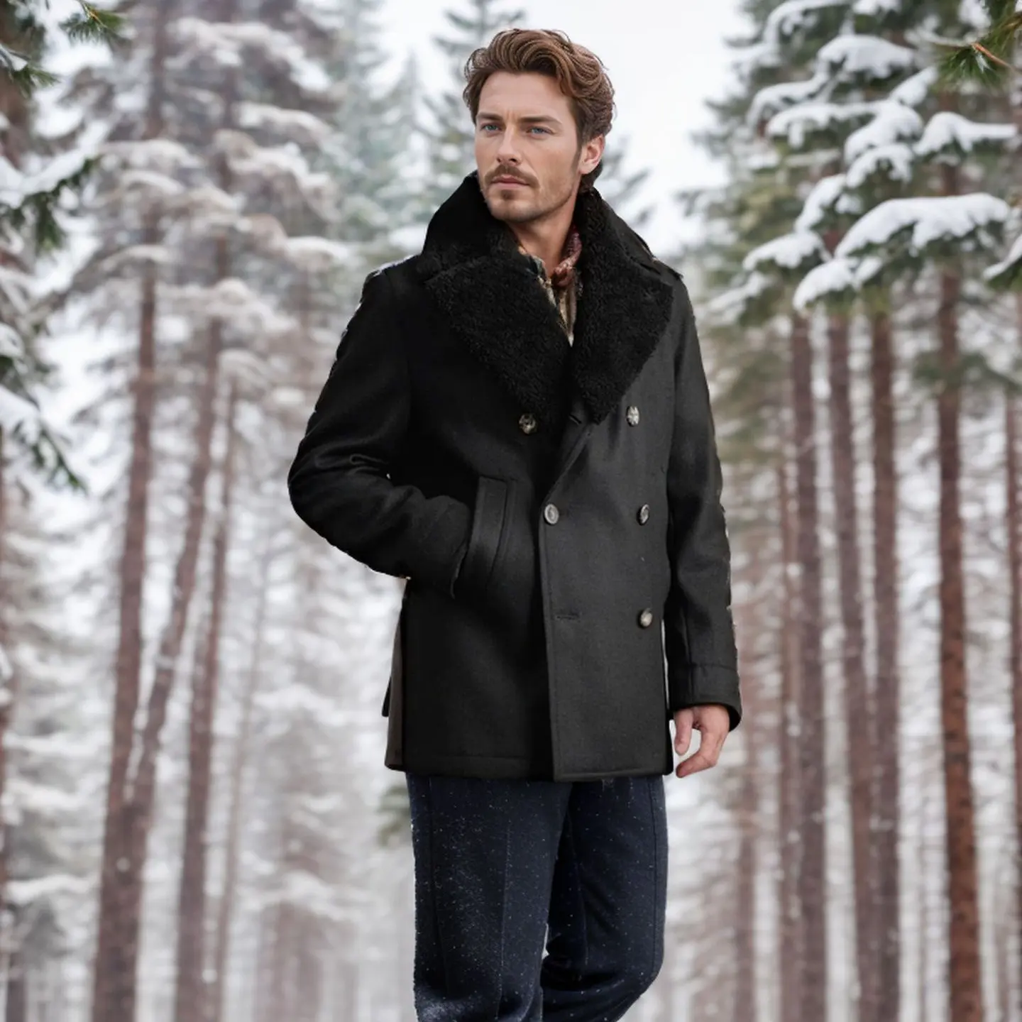 Men's woolen coat with double breasted cotton