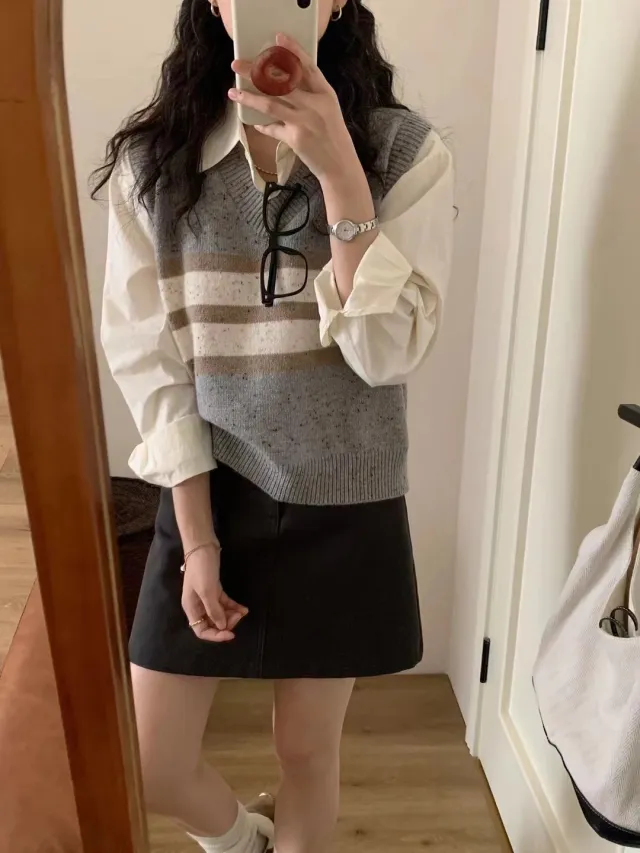 Atmosphere Sense NEPs Yarn Striped Loose Sleeveless Knitted Simple Temperament Bandage Dress Knitted Vest Gray - Shop at LoveMi