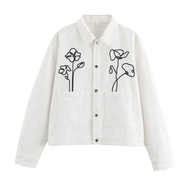 Women's Lapel Flower Embroidered Long Sleeve Baggy Coat White - Shop at LoveMi