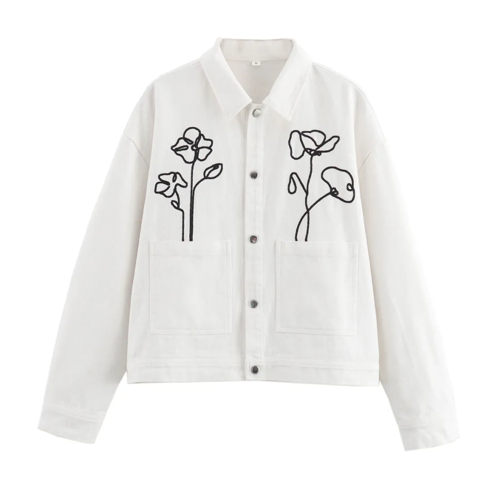 Women's Lapel Flower Embroidered Long Sleeve Baggy Coat - White