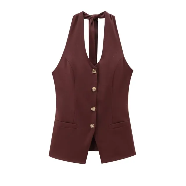 Classic Style Cotton And Linen Halterneck Vest Suit Women's Summer High grade Trousers Brown Top - Shop at LoveMi