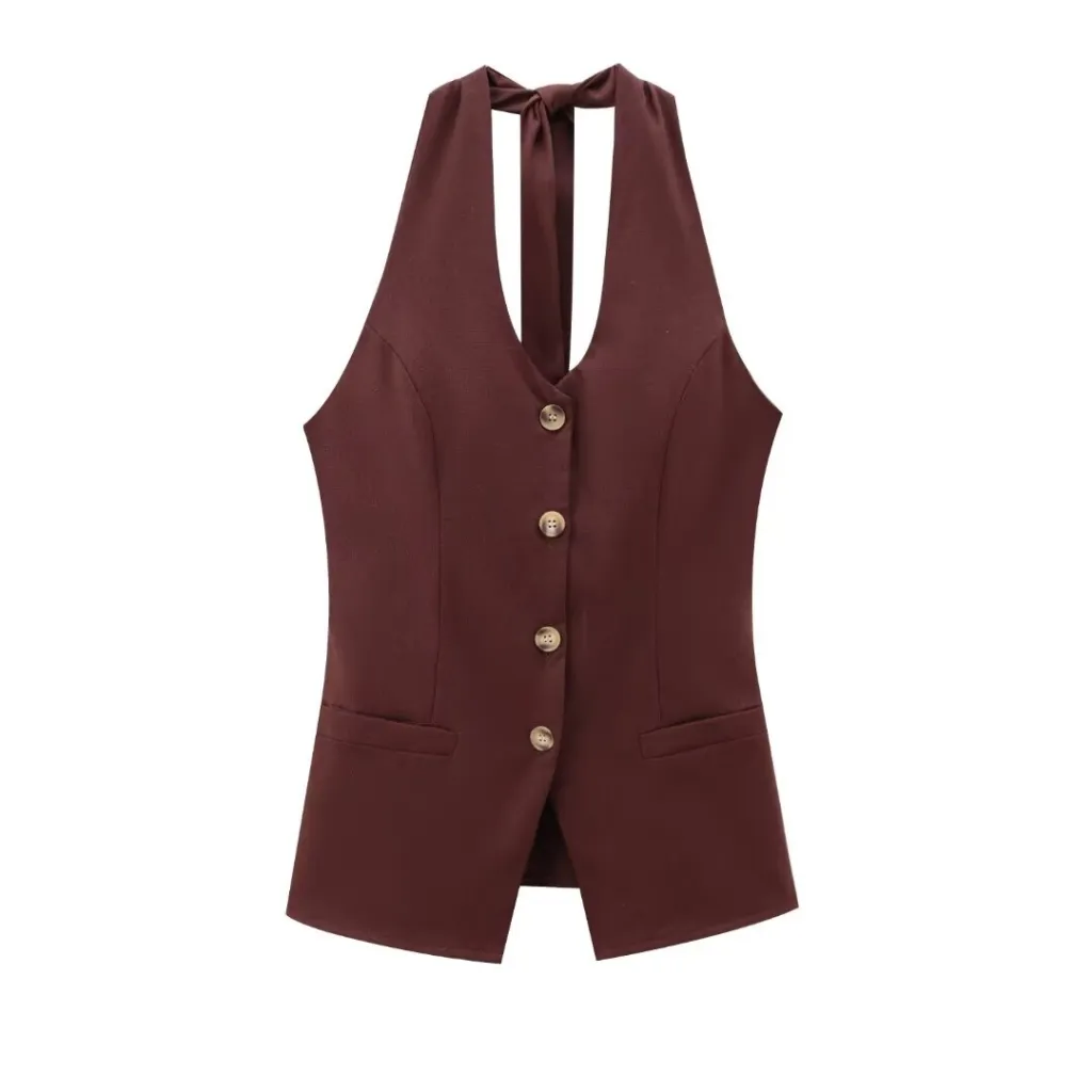 Classic Style Cotton And Linen Halterneck Vest Suit Women's Summer High-grade Trousers - Brown Top