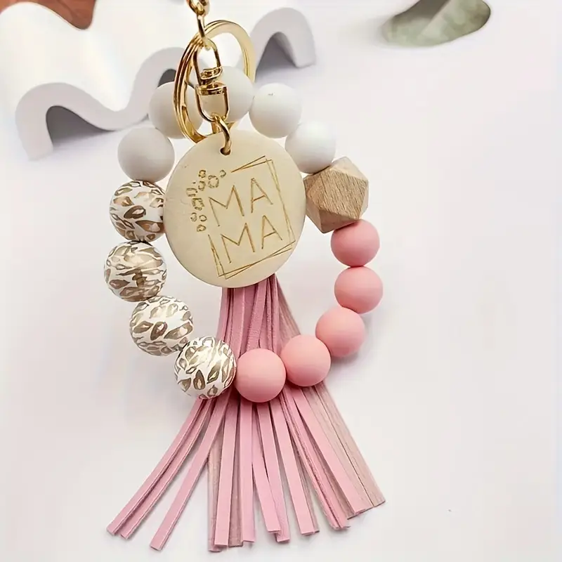 Silicone Beads Bracelet Tassel Wooden Bead Wrist Keychain