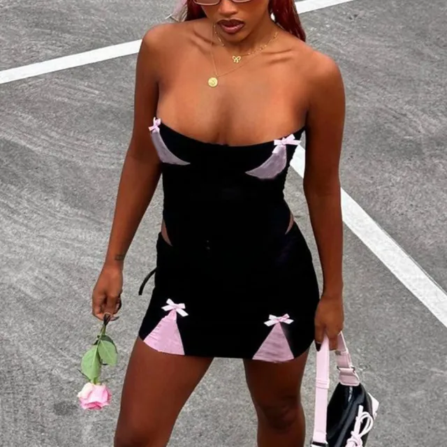 New Color blocked Bow Backless Bustier Dress Set Black - Shop at LoveMi