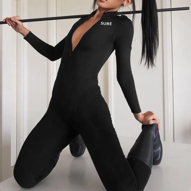 High Elasticity Sports Slim fitting Sexy Sports Long Sleeve Jumpsuit Black - Shop at LoveMi