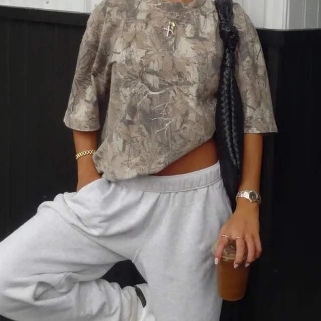 Women's Fashionable Loose All match Personality Leaf Printed Short Sleeve Khaki - Shop at LoveMi