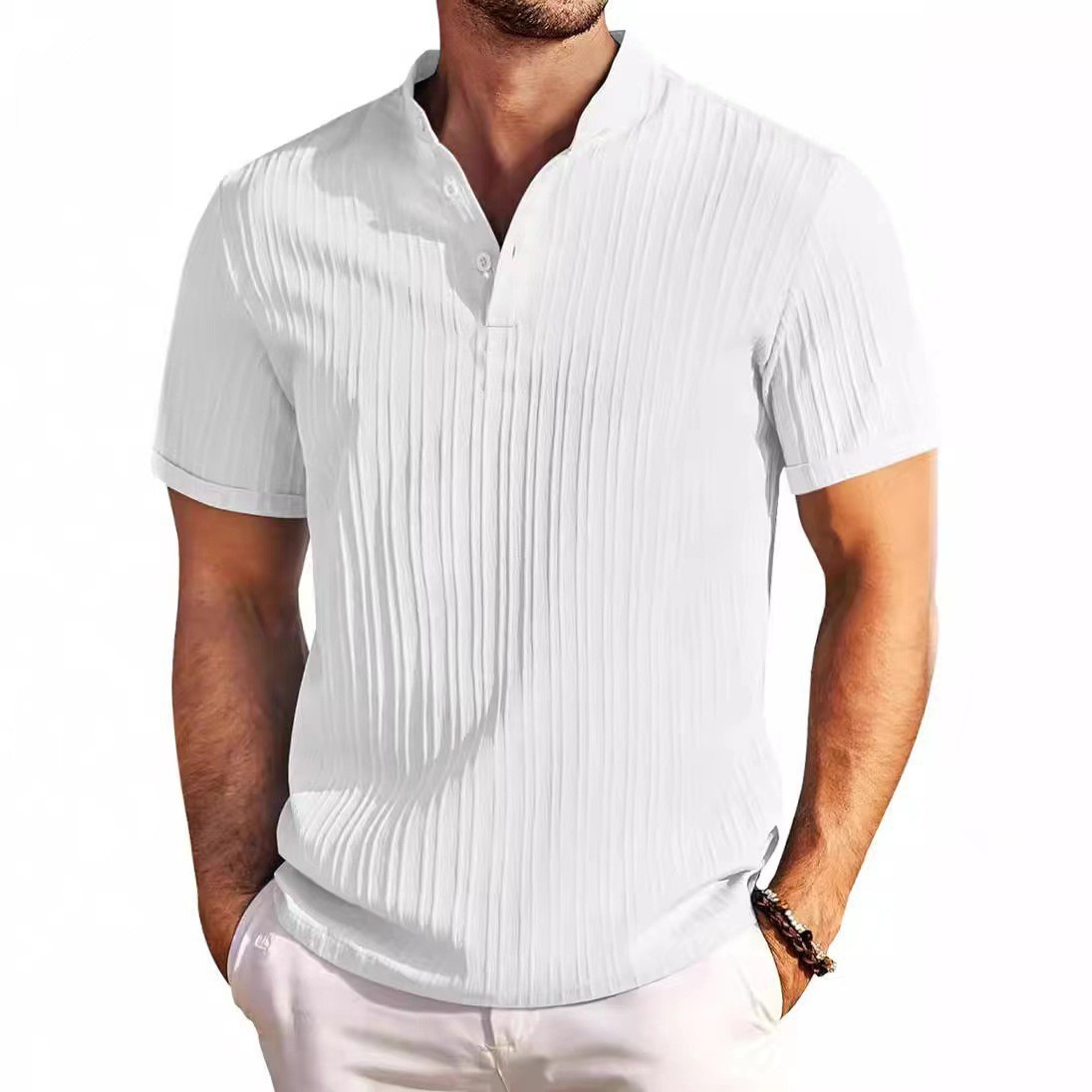 Mens Cotton-linen Jacquard Solid-color Casual Loose-fit Short-sleeve Shirt