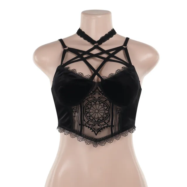 Elegant Sexy All matching Flocked Printed Halterneck Vest Female Black - Shop at LoveMi