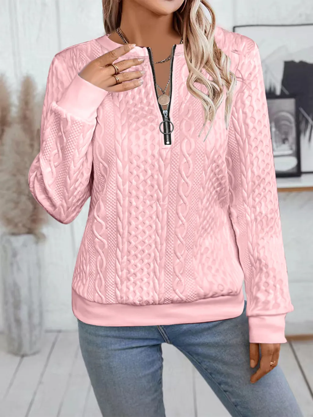Casual Neckline Long-sleeve Zipper Sweaters Women's Clothing - Pink