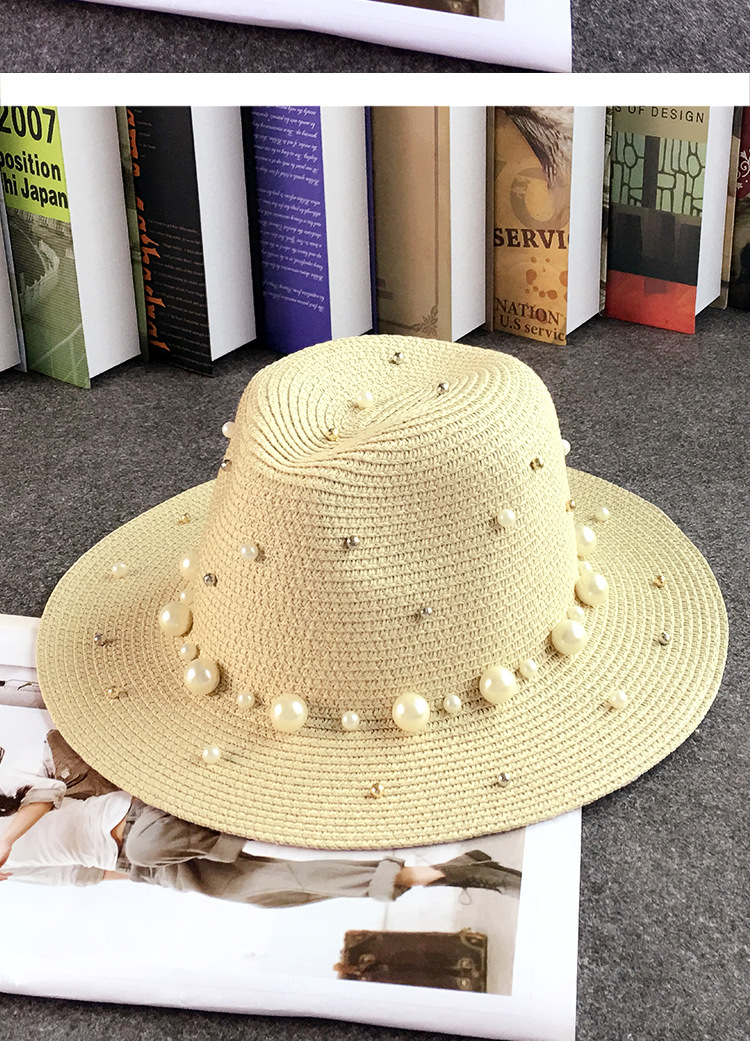 Title 6, Outdoor Beach Flat Brim Straw Pearl Beaded Hat