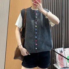 Colour Button Vest Bandage Dress Knitted Vest Top - Dark Grey - View 1