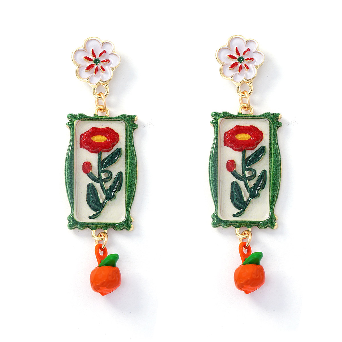 Retro Floral Earrings With A Faux Orange Pendant