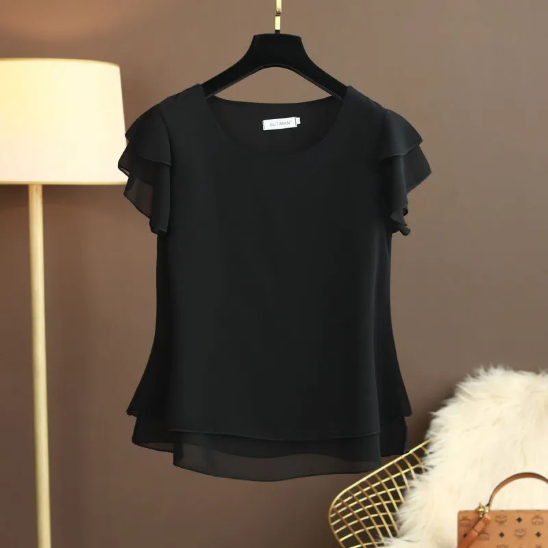 Chiffon Top T-shirt Loose-fitting Western Style Blouse - Black