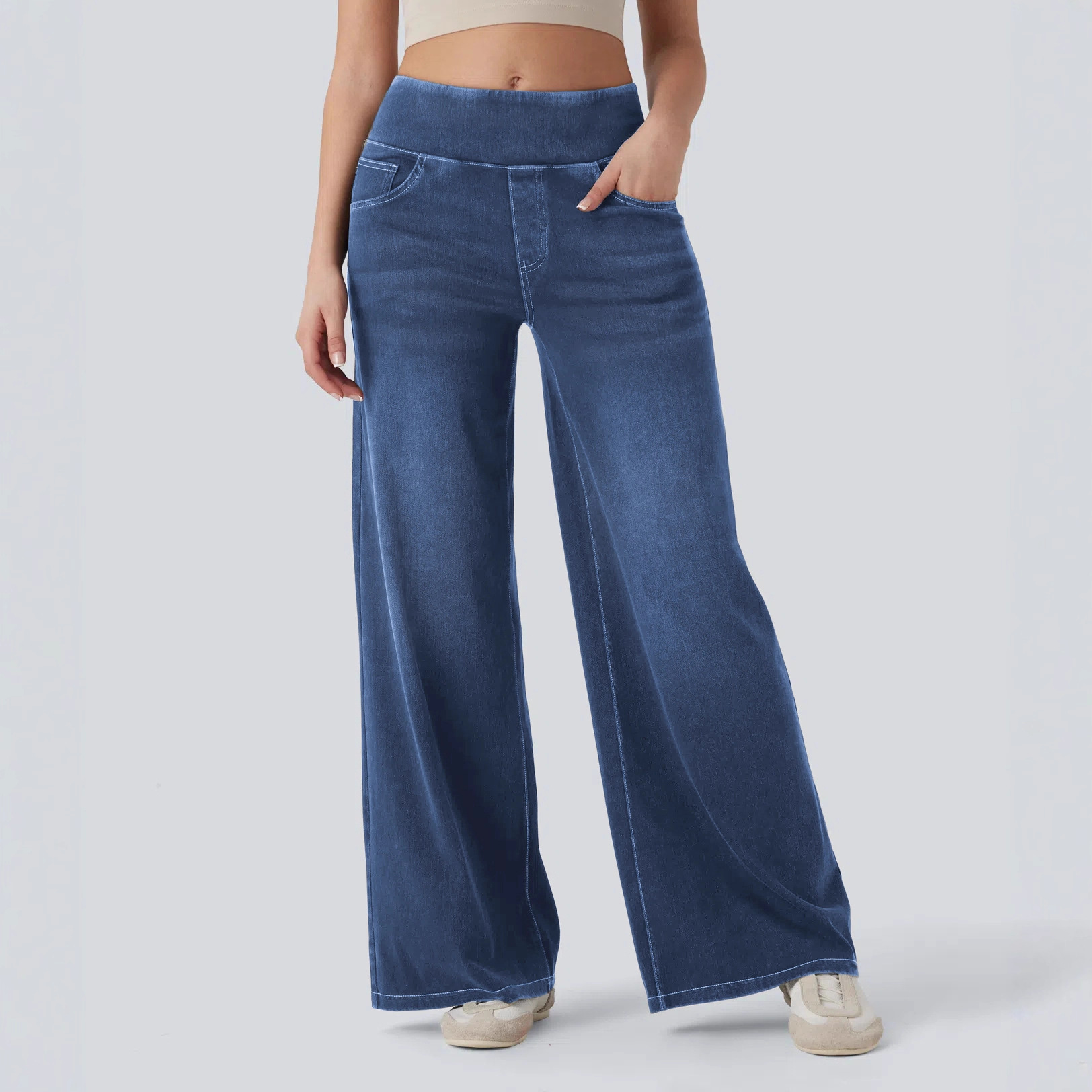 High-waisted Loose-fit Stretchy Wide-leg Jeans For Women