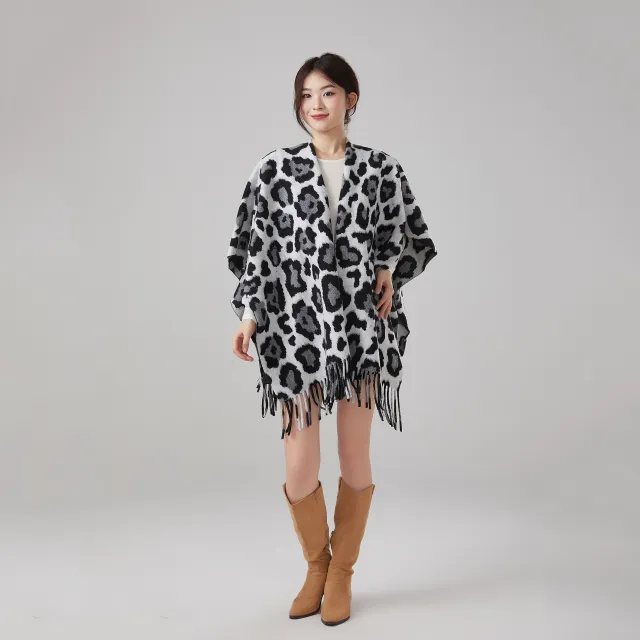 Thick Warm Vintage Leopard Print Tassel Shawl Gray Leopard Print - Shop at LoveMi