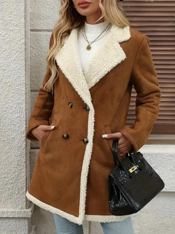 Women's Fleece lined Mid length Woolen Casual Warm Jacket Light Brown - Shop at LoveMi
