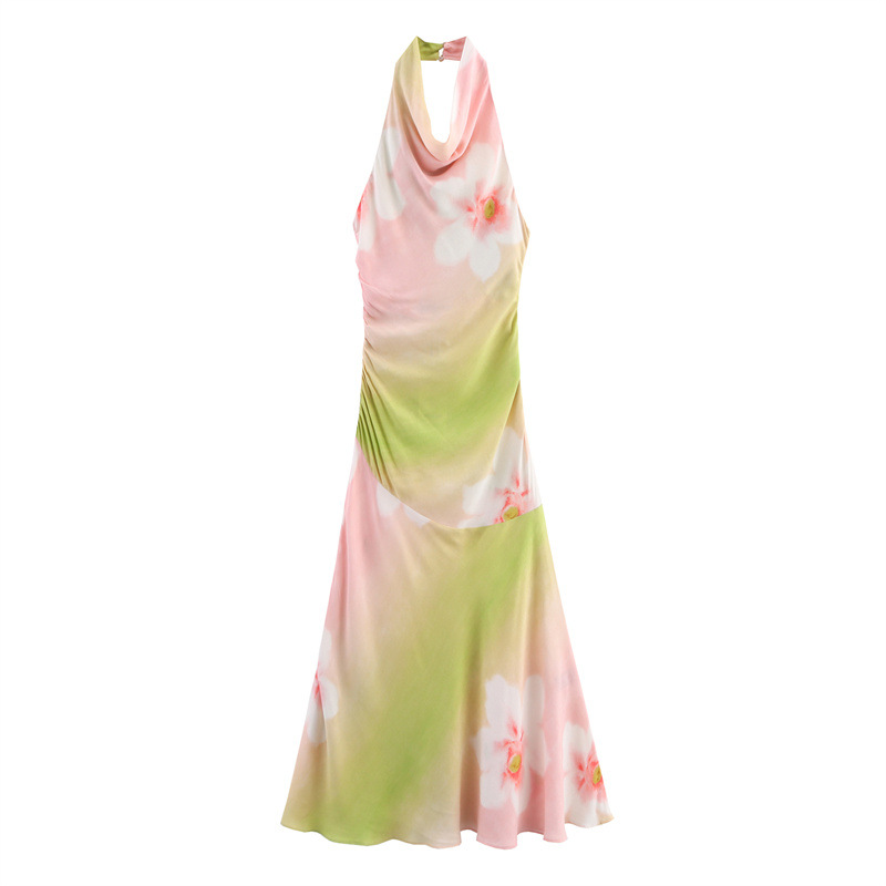 Fashion Flower Print Hanging Collar Dress