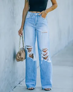 Women's Jeans Ripped Wide Leg Pants - Light Blue - View 1