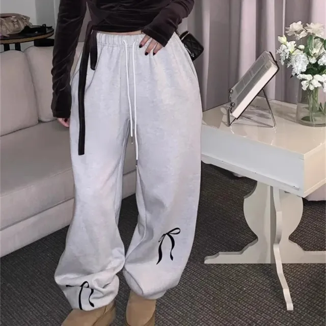 Drawstring Elastic High Waist Ankle tied Bow Casual Sweatpants Shallow Flower Ash - Shop at LoveMi