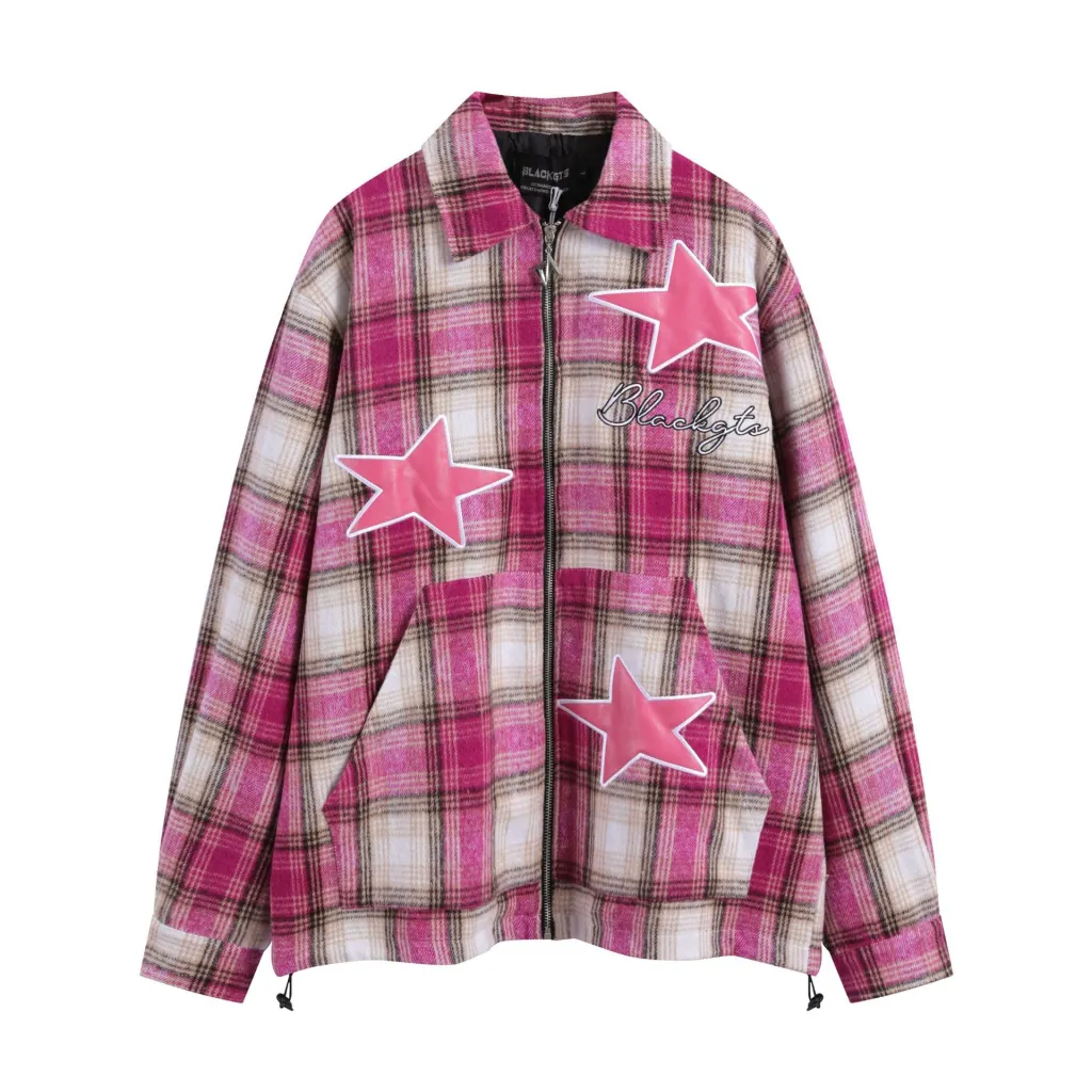 XINGX Plaid Shirt Coat Advanced Texture Loose Plaid Shirt - Pink